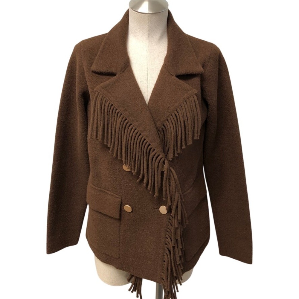 NVLT Fringe Trim Knit Blazer Womens Medium Chocolate Brown Western Boho